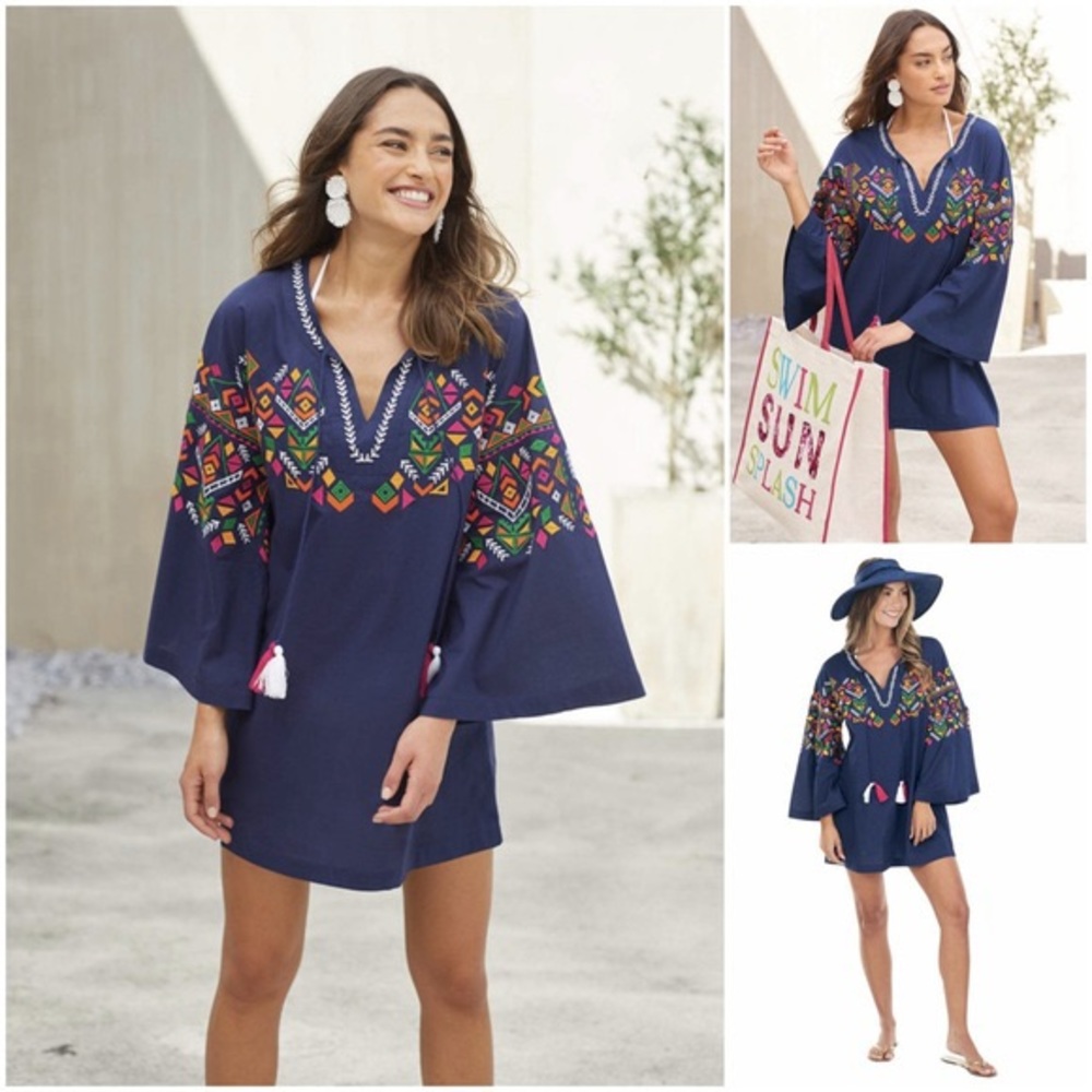 Mud Pie Tiller Embroidered Navy Tunic Dress Size Medium
